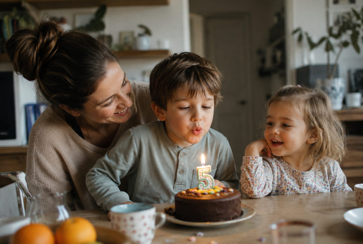 Un parent et deux enfants devant un gâteau d'anniversaire