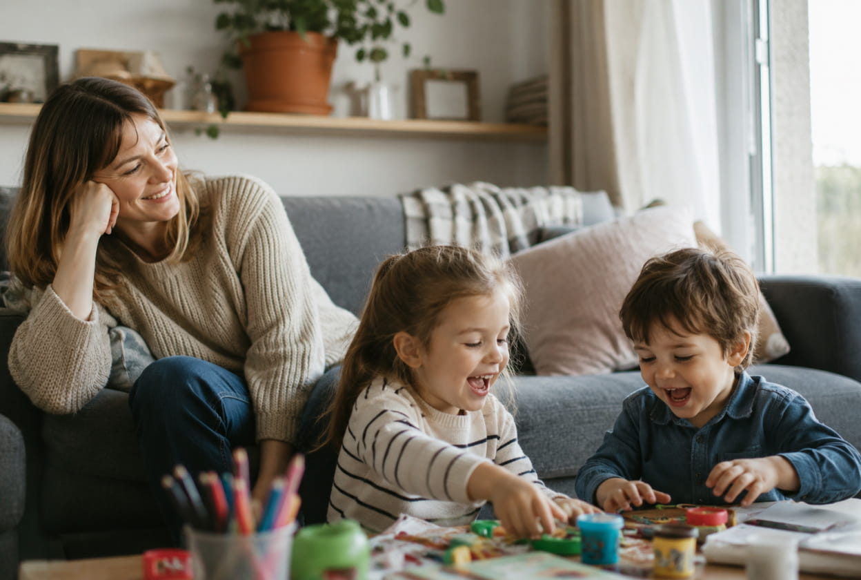 Un parent et deux enfants jouant au sol