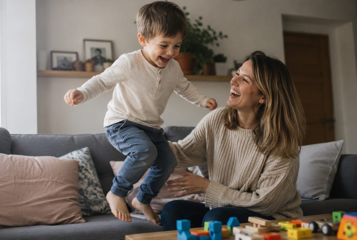 Un jeune enfant sautant dans le salon